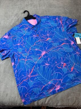 NWT Men's BIRDIEBOUND Blue Golf Polo w/Pink Tropical Floral Print Sz 3XL ⛳️
